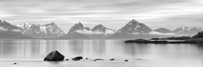 B&W fine art panorama of the Lofoten Islands