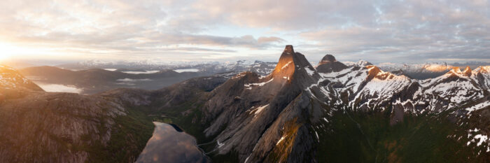 Aerial Panorama of Stetind the Norwegian national mountain in Nordland at sunrise