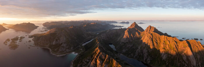 Aerial panorama of the mountains of Austvågøya in the Lofoten Islands