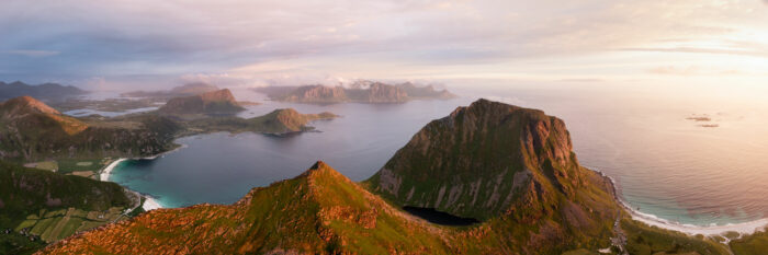 Aerial Panorama of Uttakleiv, Haukland and Vic beaches on the Island of Vestvågøy in the Lofoten Islands