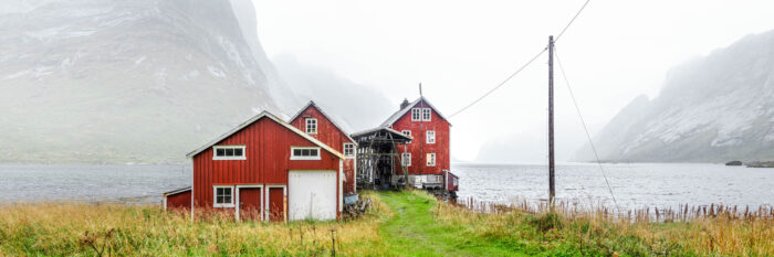 Panorama of a Norwegian Red House on Kjerkfjorden Fjord in the Lofoten Islands
