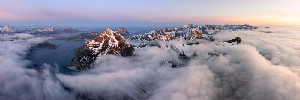 Aerial Panorama Art Print of a cloud inversion on the Lofoten Islands in Norway