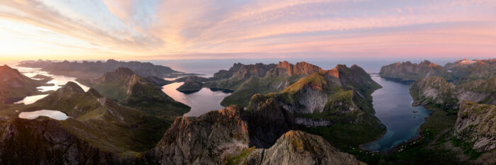 Panorama of the Lakes of Fjords of the Lofoten Islands at sunrise in summer