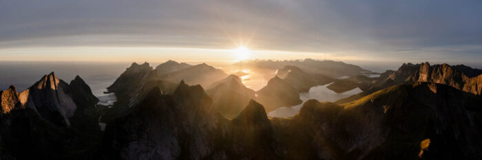 Panorama of the Lofoten Islands at sunrise