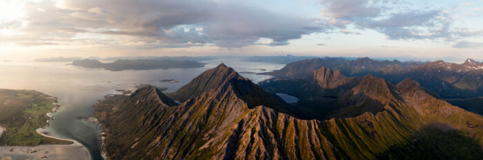 Aerial Panorama of Austvagoya mountains and Fjords in the Lofoten Islands