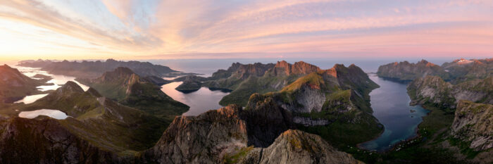 Panorama of the Lakes of Fjords of Moskenesoya in the Lofoten Islands at sunrise in summer