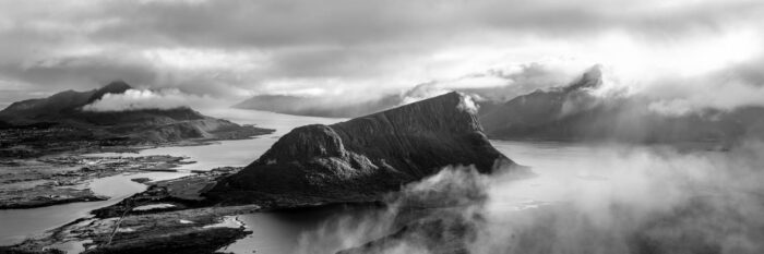 Black and white panorama of the Offersoykammen Fjell Mountain in the Lofoten Islands