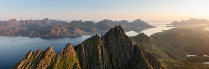 Aerial Panorama of Skottinden mountain on Vestvågøya in the Lofoten Islands