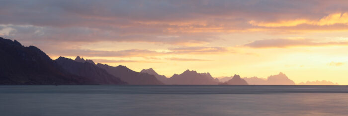 Panorama of the mountains of Lofoten Islands at sunrise in the arctic circle