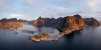 Aerial panorama of the Hamnoy Fishing village and Reniefjorden in Moskenesoya in the Lofoten Islands