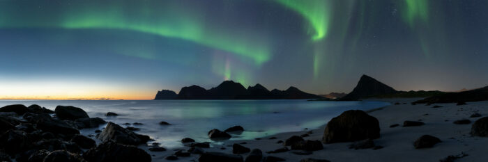 Panorama of the Aurora over a beach in the Lofoten Islands