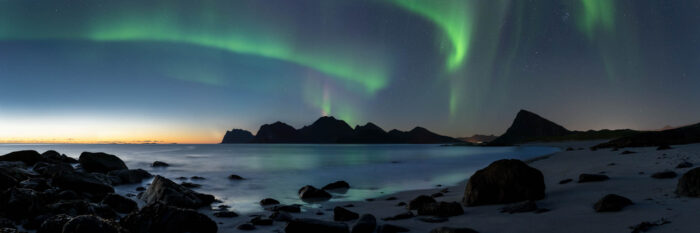 Panorama of the Aurora over a beach in the Lofoten Islands