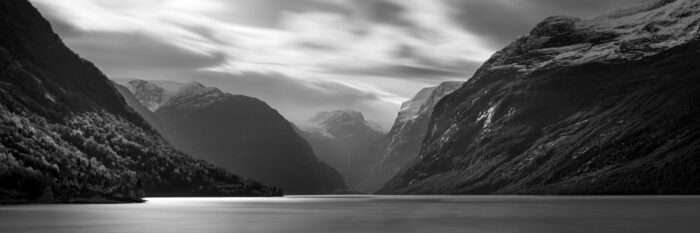 Black and white panorama of Lovatnet Lake under the Moonlight