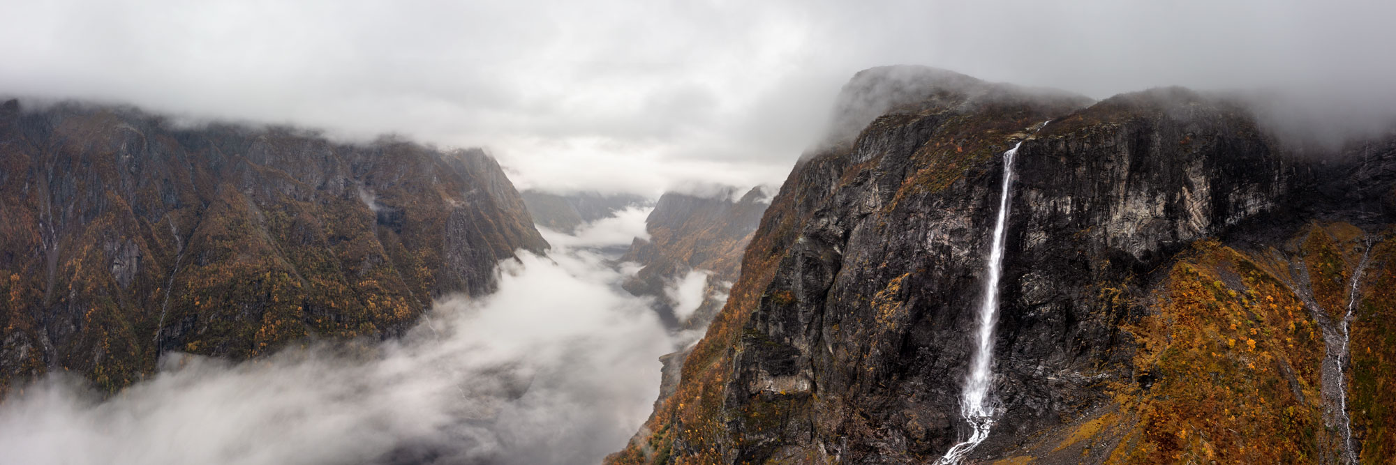Aerial Panorama of a waterfall above the Nærøyfjord in Norway