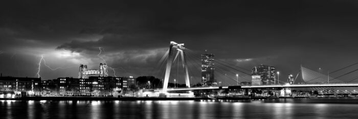 Black and white panorama of a lightning storm over Rotterdam City