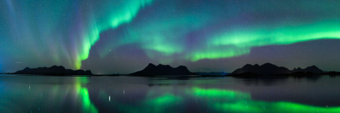 Panorama of the Northern Lights over Sagfjorden in Nordland Norway