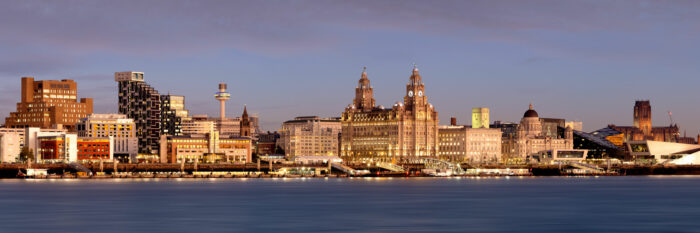 Panorama of the Liverpool city skyline at sunset