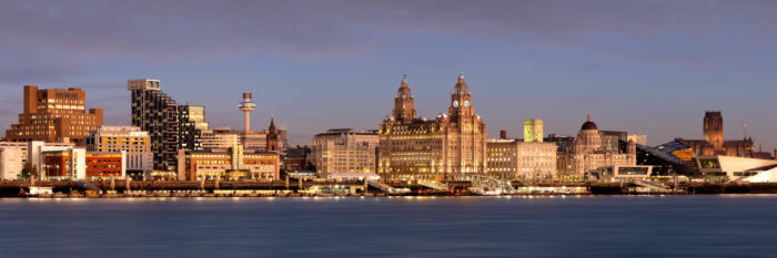 Panorama of the Liverpool city skyline at sunset