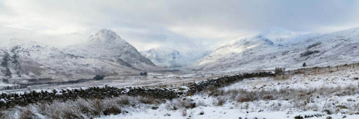 Panorama of Ogwen valley in winter in Eryri national park Wales