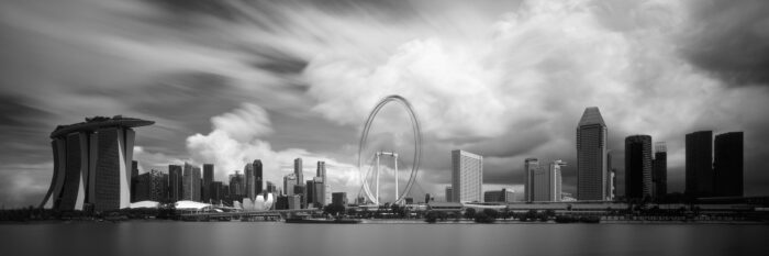Panorama of the Singapore skyline in black and white