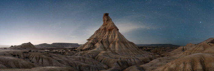 Panorama of the Spanish las burdens Reales desert under the stars