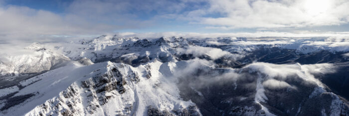 Panorama of the Pico De Europa mountains in Spain covered in snow