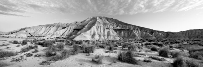 B&W panorama of the Badlands in the Navarra Desert in Spain