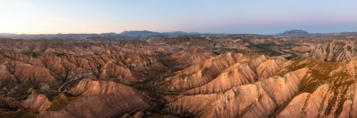 Aerial Panorama of the Los Colorados Canyons in the Gorafe desert Grananda