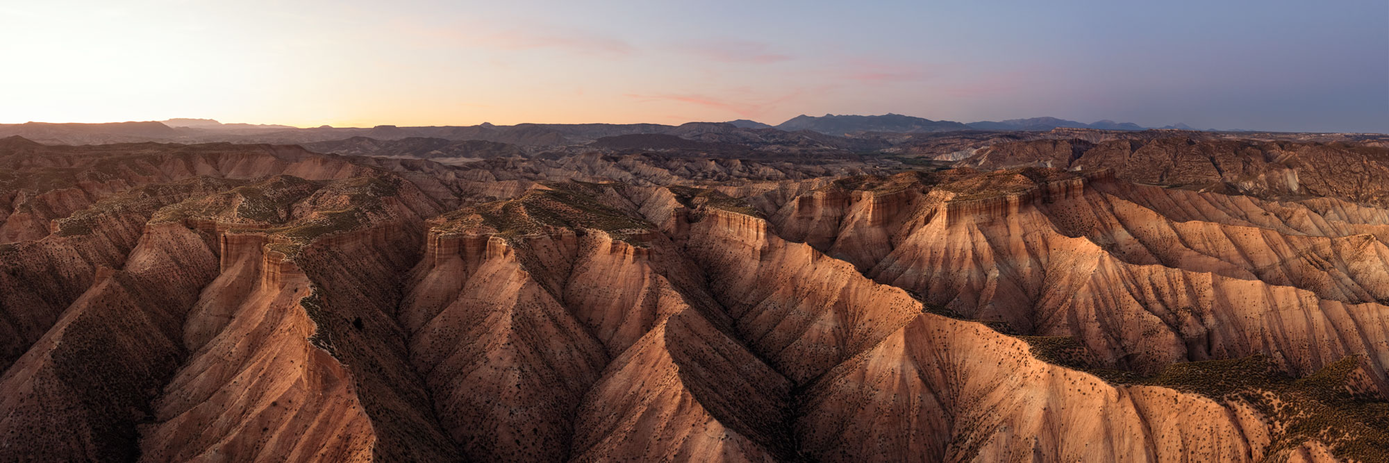 Aerial Panorama of the Los Colorados Canyons in the Gorafe desert Grananda