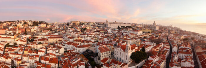 Aerial Panorama of the Alfama district in Lisbon at Sunrise