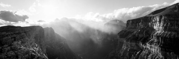 B&W Panorama of the Ordesa y Monte Perdido National park Valley in the Spanish Pyrenees