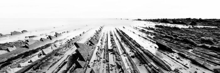 B&W Panorama of the Playa De Sakoneta Flysch formations in Spain