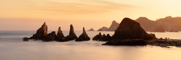 Panorama of the Gueirua at sunrise in the Austurias Spain