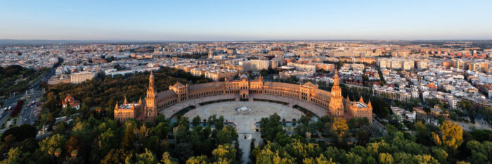 Aerial Panorama of the Plaza de Plaza de España in Seville Spain