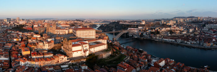 Aerial Panorama of the Ribeira Cais in Porto at sunset in Portugal