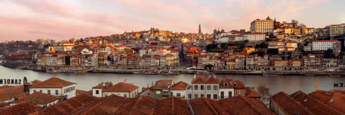 Panorama of Porto Ribeira at sunrise in Portugal