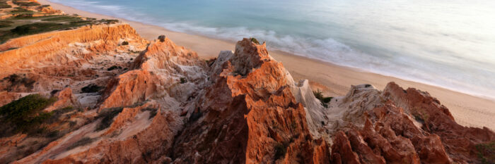 Panorama of the eroded Cliffs on the Falesia Beach in the Algarve Portugal