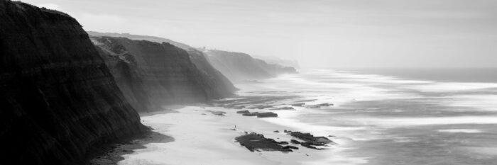B&W Panorama of Praia do Magoito on the Sintra Coast in Portugal