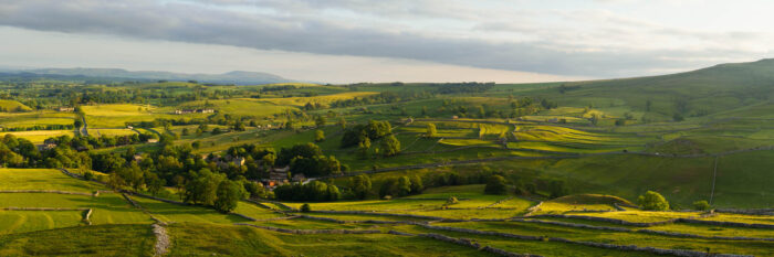 Panorama of the green fields in Balham in the Yorkshire Dales