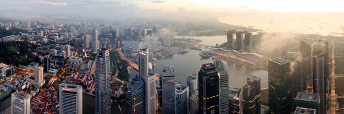 Aerial Panorama Print of the Singapore Futuristic Skyline at sunrise