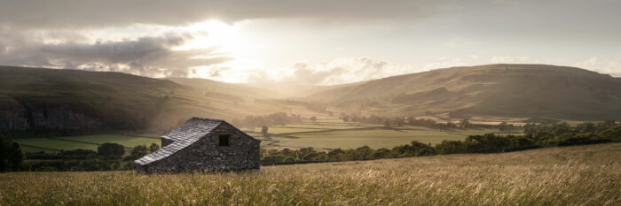 Panorama of a dry stone barn long the Dales Way in Wharfedale, Yorkshire Dales