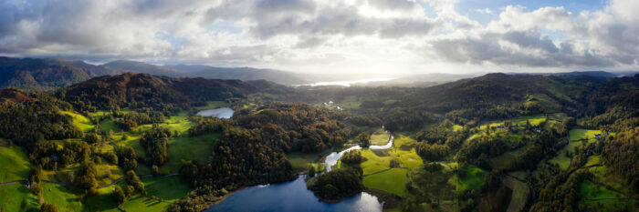 Aerial Panorama of Elterwater and the River Breathy at Skelwith Bridge in the Lake District