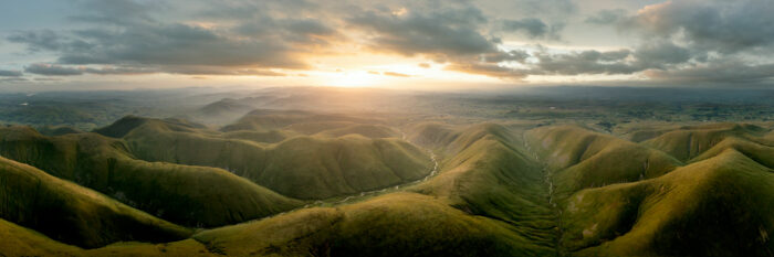 Aerial Panorama of the Howgill Fells at sunset in The Yorkshire Dales National Park in Cumbria