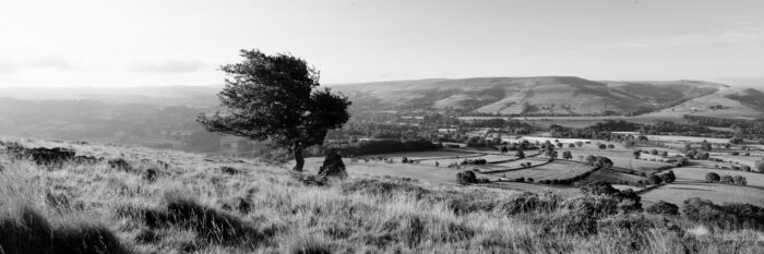 Black and white Panorama of Hope Valley in the Peak District