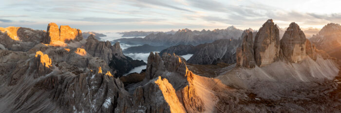 Panoramic aerial print of the Tre cime de lavaredo mountains at sunset in the Dolomites, Italy