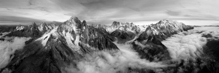 Aerial panorama of Mont Blanc and the Chamonix mountains in France