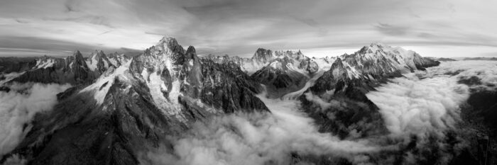Aerial panorama of Mont Blanc and the Chamonix mountains in France