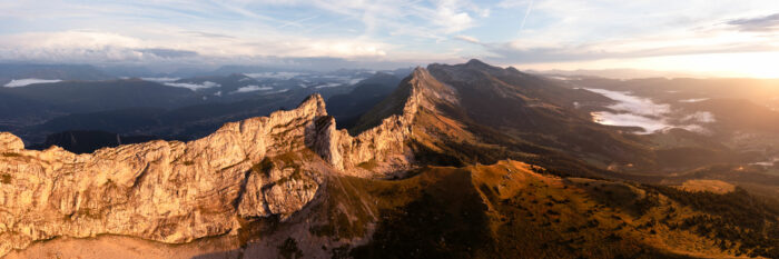 Aerial Panoramic print of the Versos mountain range in France at sunset