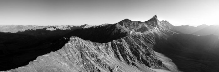 Black and white aerial panorama of the Aiguilles d'Arves in the Alps, France