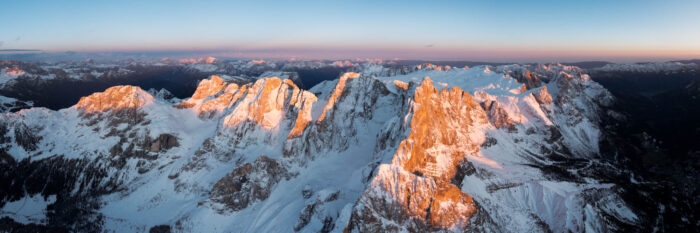 Aerial Panoramic print of Belvedere Segantini and Punta Rolle along Passo Rolle at sunset in Winter, Italian Dolomites